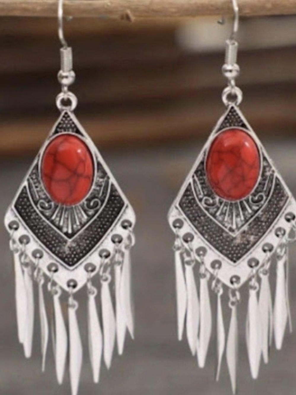 Chloe Silver-Tone Dangle Earrings with Red Cabochon